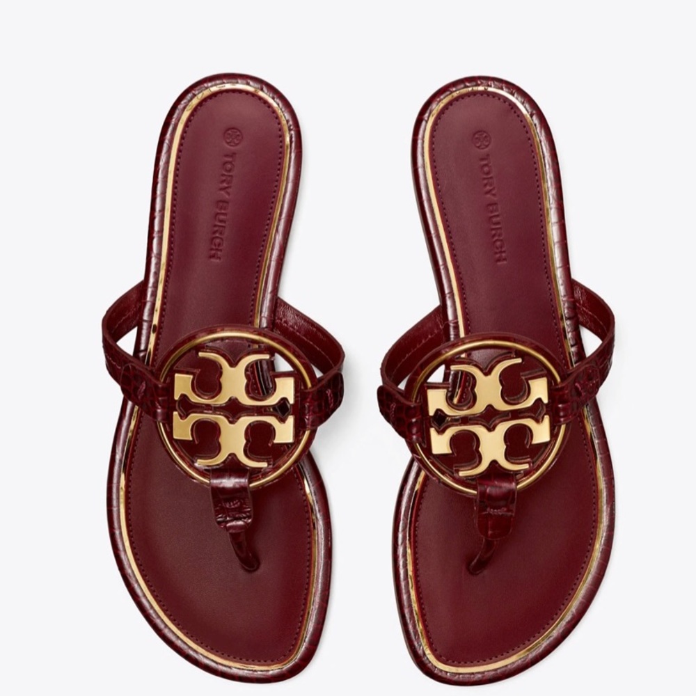 SOLD!!! MILLER METAL-LOGO SANDAL, EMBOSSED LEATHER